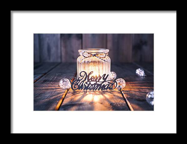 Tranquility Framed Print featuring the photograph Christmas decoration on old wood - Candle Jar Card by ThomasVogel