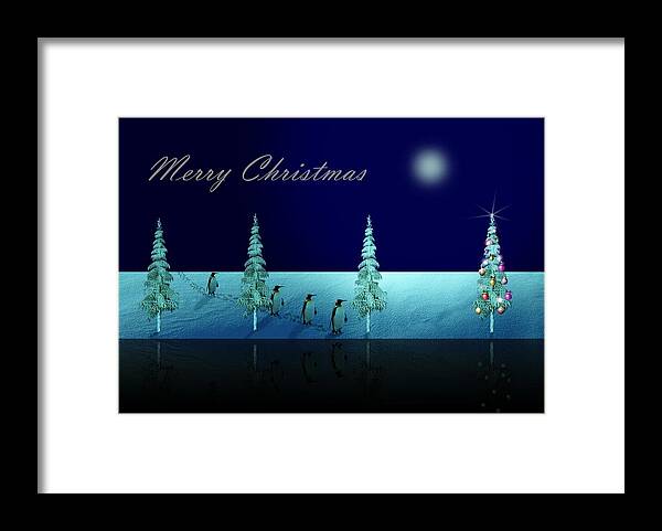 Penguin Framed Print featuring the digital art Christmas Eve Walk of the Penguins by David Dehner