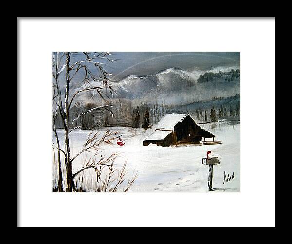 Christmas Framed Print featuring the painting Christmas Farm House by Arlen Avernian - Thorensen