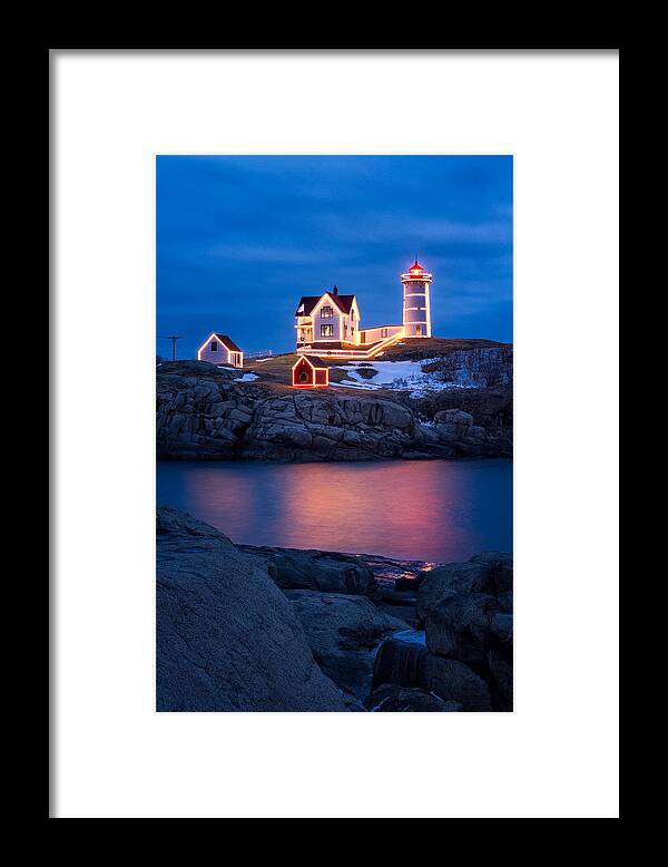 Christmas Framed Print featuring the photograph Christmas Time At Nubble Light. by Jeff Sinon