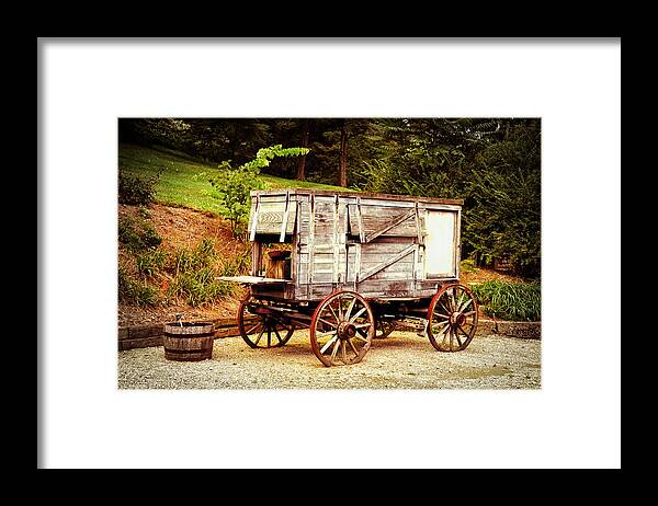 Covered Wagon. Chuck Wagon. Cook Wagon. Cooking Pan. Cooking Utensil. Landscape. Flowers. Grasses. Trees. Nature. Bucket. Photograph. Print. Canvas. Poster. Digital Art. Greeting Cards. Framed Print featuring the photograph Chuck Wagon by Mary Timman
