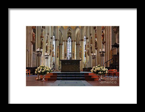 Cologne Framed Print featuring the photograph Church altar platform glass art Cologne Germany by Imran Ahmed