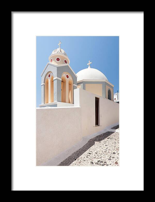 Tranquility Framed Print featuring the photograph Church Domes, Santorini, Greece by David Clapp
