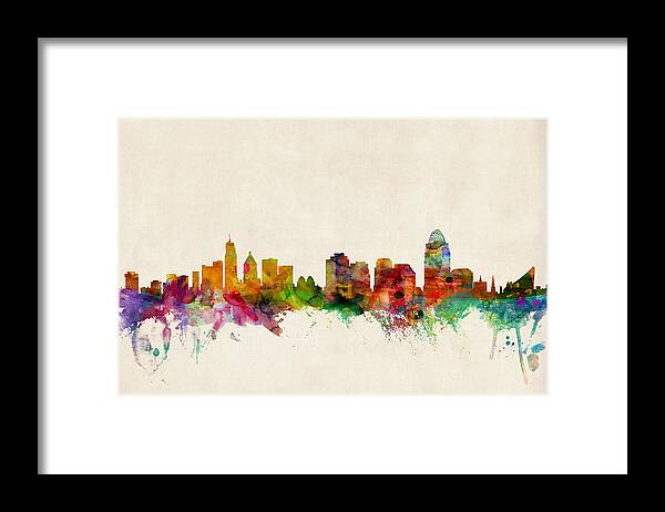 Watercolour Framed Print featuring the digital art Cincinnati Ohio Skyline by Michael Tompsett