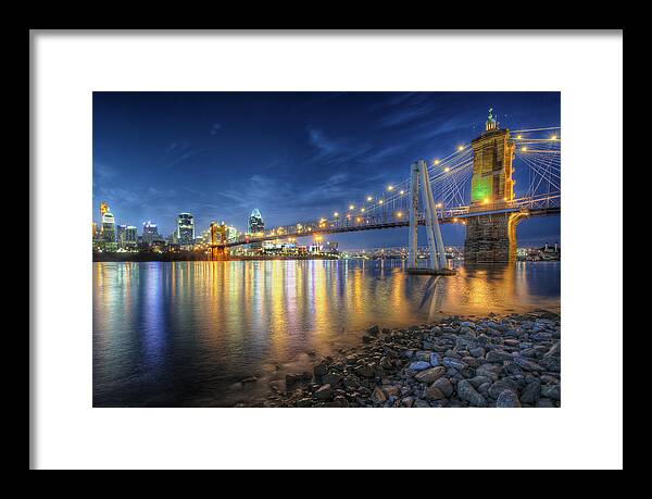 Alep Framed Print featuring the photograph Cincinnati Skyline and Bridge at Night by At Lands End Photography