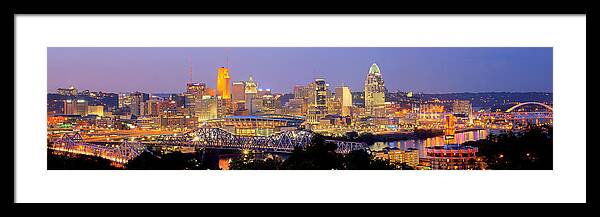 Cincinnati Skyline Framed Print featuring the photograph Cincinnati Skyline at Dusk Sunset Color Panorama Ohio by Jon Holiday