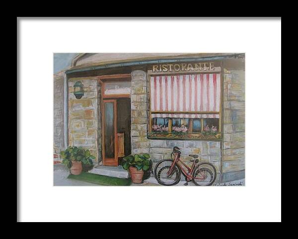 Italy Framed Print featuring the painting Cinque Terra cafe with Bicycle by Melinda Saminski