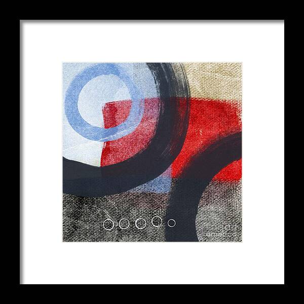 Circles Abstract Blue Red White Grey Gray Black Tan Brown Painting Shapes Geometric Abstract Shapes Abstract Circles Contemporary Office Lobby Studio Abstract Circles Art Ocean Sky Textured Abstract Bedroom Living Room Framed Print featuring the painting Circles 1 by Linda Woods