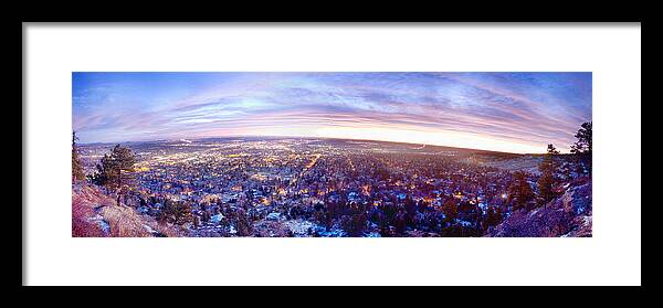 Sunrise Framed Print featuring the photograph City Lights Boulder Colorado Panorama Sunrise by James BO Insogna