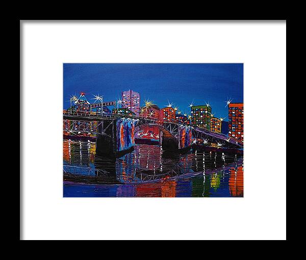 Portland City Lights Framed Print featuring the painting City Lights Over Morrison Bridge 4 by James Dunbar