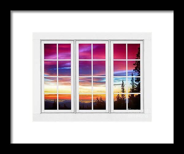 Window To Nature Framed Print featuring the photograph City Lights Sunrise View Through White Window Frame by James BO Insogna