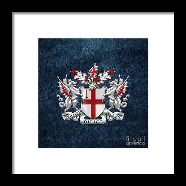 'cities Of The World' Collection By Serge Averbukh Framed Print featuring the digital art City of London - Coat of Arms over Blue Leather by Serge Averbukh