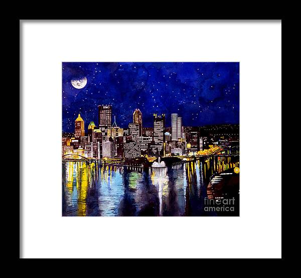 Supermoon Framed Print featuring the painting City of Pittsburgh at the Point by Christopher Shellhammer