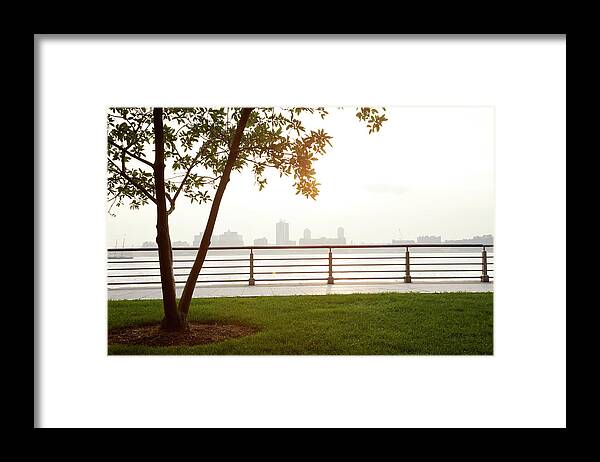 Tranquility Framed Print featuring the photograph City Skyline In The Fog At A Park by Chris Tobin