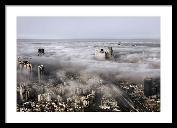 Israel Framed Print featuring the photograph City Skyscrapers Above The Clouds by Ron Shoshani