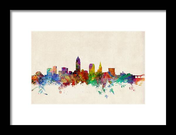 Watercolour Framed Print featuring the digital art Cleveland Ohio Skyline by Michael Tompsett