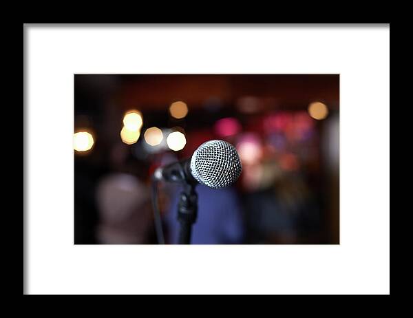 Performance Framed Print featuring the photograph Close Up Of Microphone On Stage In by Gary John Norman