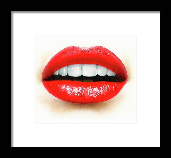 Adult Framed Print featuring the photograph Close Up Of Mouth, Teeth And Red Lips by Ikon Ikon Images