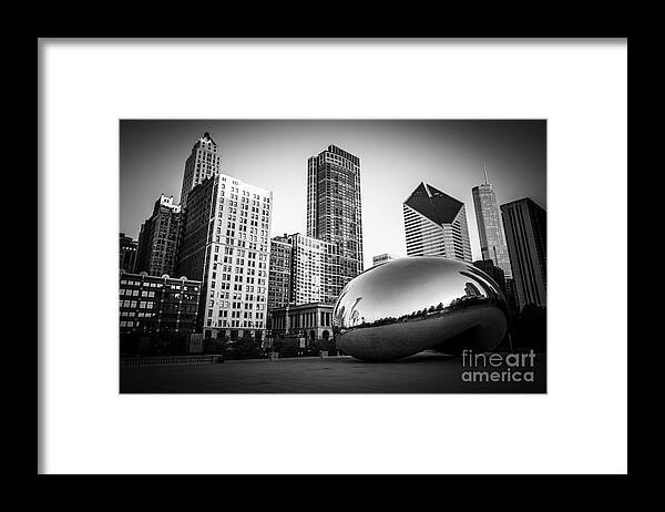 America Framed Print featuring the photograph Cloud Gate Bean Chicago Skyline in Black and White by Paul Velgos