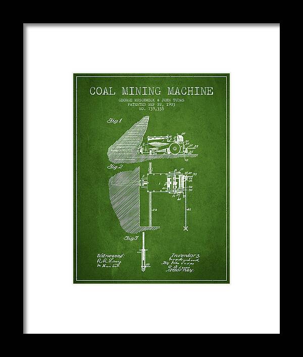 Mining Framed Print featuring the digital art Coal Mining Machine Patent From 1903- Green by Aged Pixel