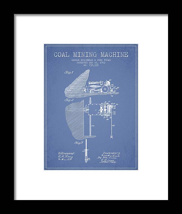 Mining Framed Print featuring the digital art Coal Mining Machine Patent From 1903- Light Blue by Aged Pixel