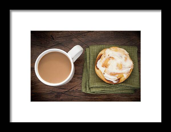 Breakfast Framed Print featuring the photograph Coffee And Cinnamon Roll by J Shepherd