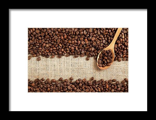 Material Framed Print featuring the photograph Coffee Beans On Burlap by Barcin