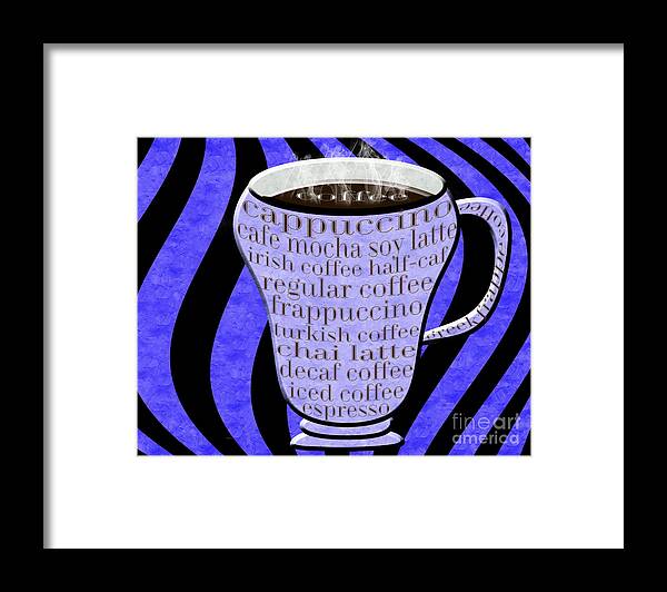 Coffee Framed Print featuring the digital art Coffee Cup With Stripes Typography Periwinkle by Andee Design