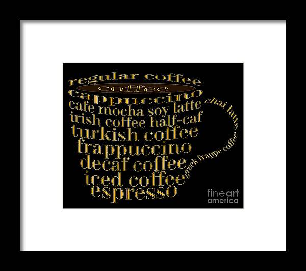 Coffee Framed Print featuring the digital art Coffee Shoppe Coffee Names Black 1 Typography by Andee Design
