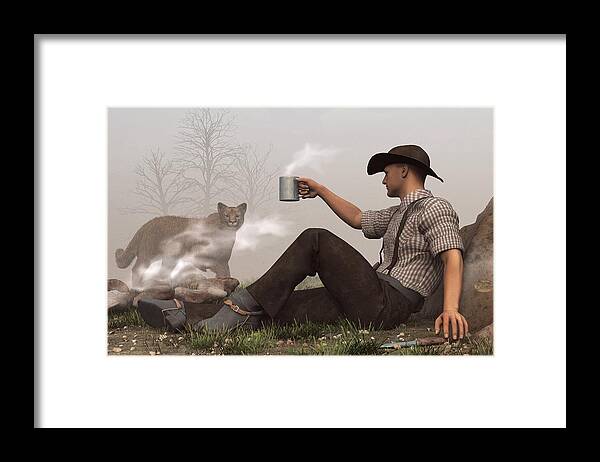 Cowboy Framed Print featuring the digital art Coffee With a Cougar by Daniel Eskridge