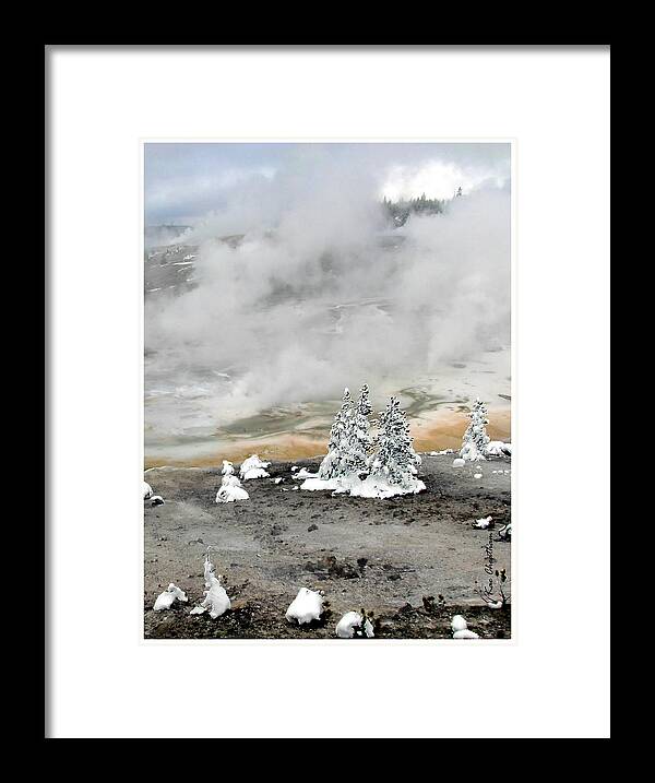Hoarfrost On Trees Framed Print featuring the photograph Norris Geyser Basin Cold and Hot Trees by Kae Cheatham