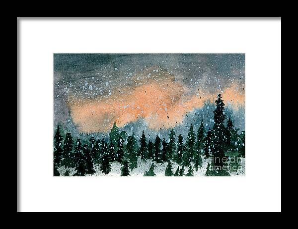 Cold Snow Twilight Dusk Dark Precipitation Pine Trees North Northern Boreal Forest Conifer Lonely Remote Wilderness Outdoors Nightfall Watercolor Art Artwork Painting Kyllo Moody Mood Darkness Silence Fir Luminous Luminism Canada Canadian Storm Stormy Framed Print featuring the painting Cold snow at twilight by R Kyllo
