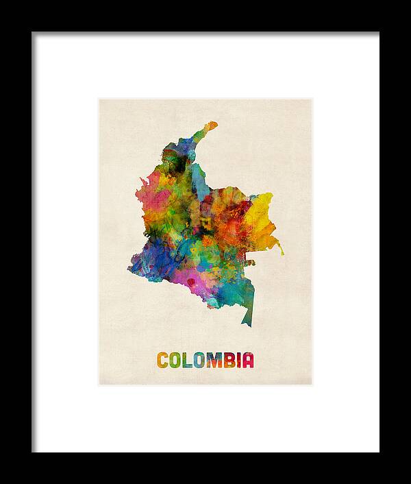 Urban Framed Print featuring the digital art Colombia Watercolor Map by Michael Tompsett