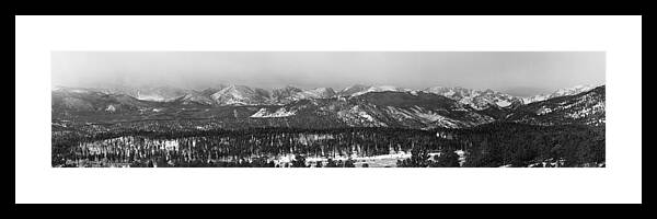 Panoramas Framed Print featuring the photograph Colorado Rocky Mountain National Park Panorama Winter View BW by James BO Insogna