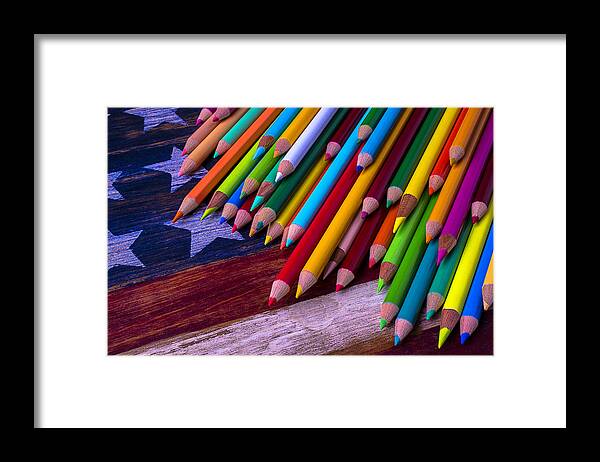 Colored Framed Print featuring the photograph Colored Pencils On Wooden Flag by Garry Gay
