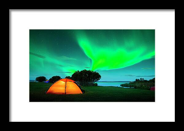 Camping Framed Print featuring the photograph Colorful Aurora Boreal In Green And by Subtik