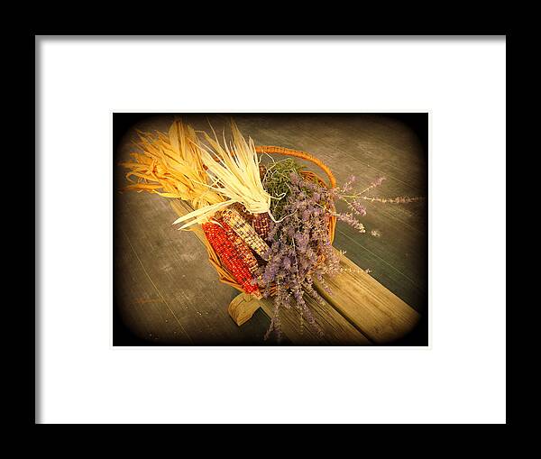Corn Framed Print featuring the photograph The Colors of Autum Colorful Corn and Purple Flowers by Kathy Barney