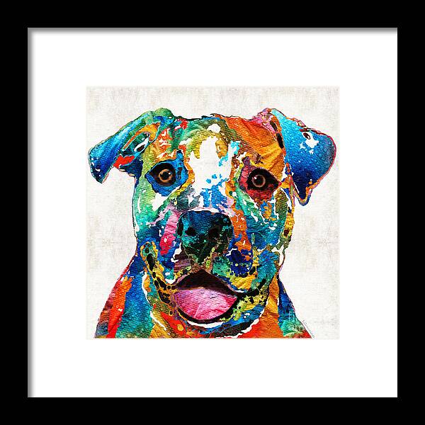 Dog Framed Print featuring the painting Colorful Dog Pit Bull Art - Happy - By Sharon Cummings by Sharon Cummings