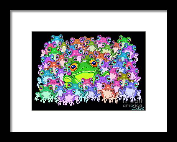 Frogs Framed Print featuring the painting Colorful Froggy Family by Nick Gustafson