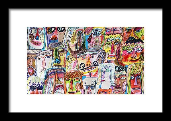 Crowd Framed Print featuring the drawing Colourful and bright people crowd background pattern by Beastfromeast