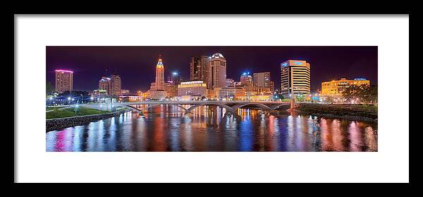 Columbus Skyline Framed Print featuring the photograph Columbus Skyline at Night Color Panorama Ohio by Jon Holiday