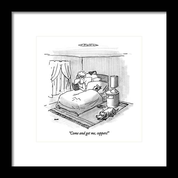

 Man Says In His Sleep As Wife Reads In Bed Next To Him. Dreams Framed Print featuring the drawing Come And Get by George Booth
