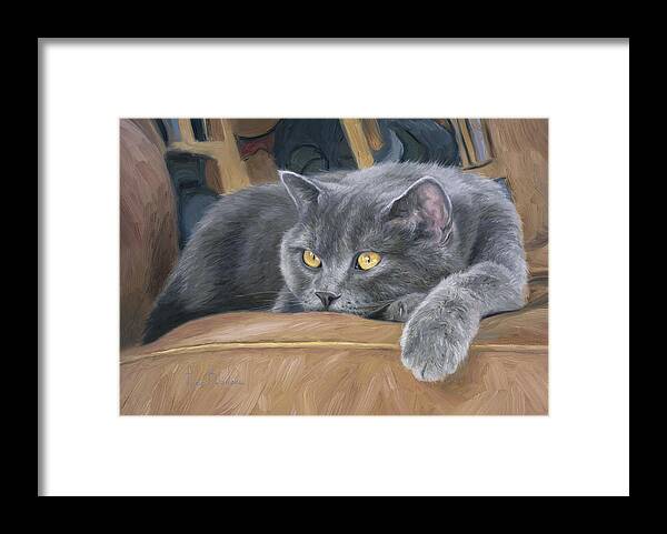 Cat Framed Print featuring the painting Comfortable by Lucie Bilodeau