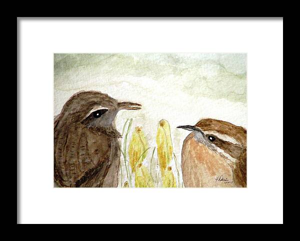 Carolina Wrens Framed Print featuring the painting Conversation In The Crocus by Angela Davies