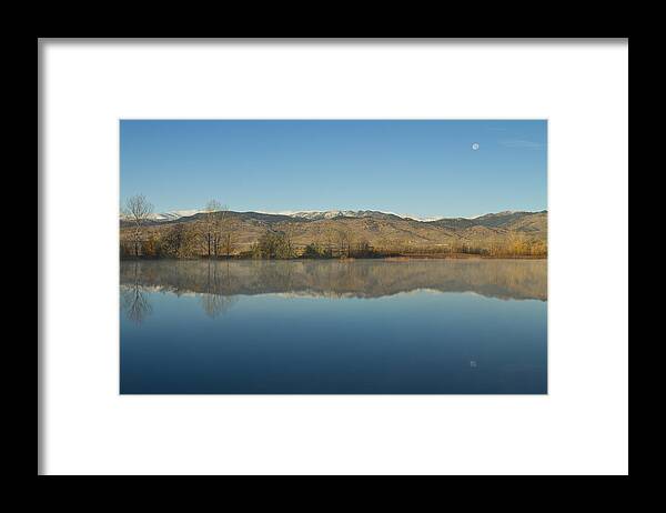 Moon Framed Print featuring the photograph Coot lake Morning Moon Set Reflections by James BO Insogna