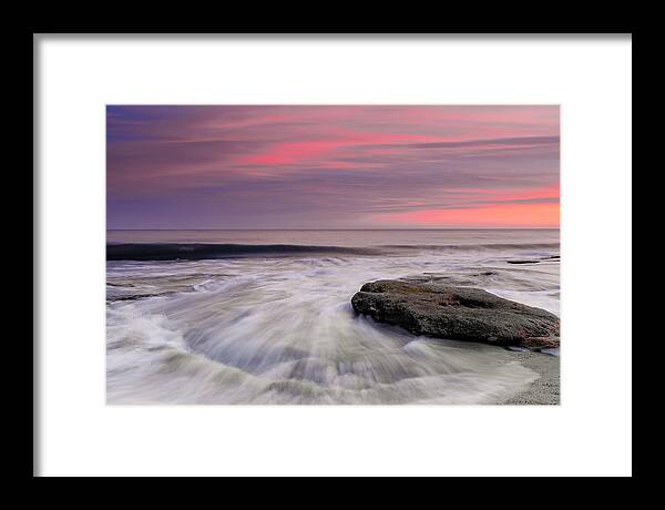 Ocean Framed Print featuring the photograph Coquina Rocks Washed by Ocean Waves At Colorful Sunset by Jo Ann Tomaselli