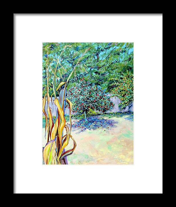 Garden Painting Framed Print featuring the painting Corn Stalk and Apple Tree Autumn Lovers by Asha Carolyn Young