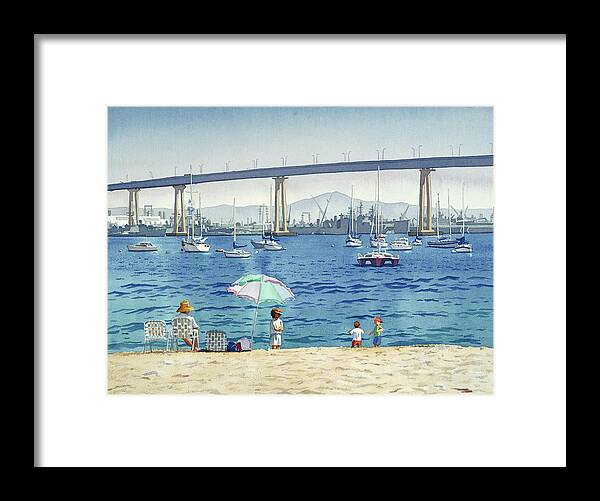 Coronado Framed Print featuring the painting Coronado Beach and Navy Ships by Mary Helmreich