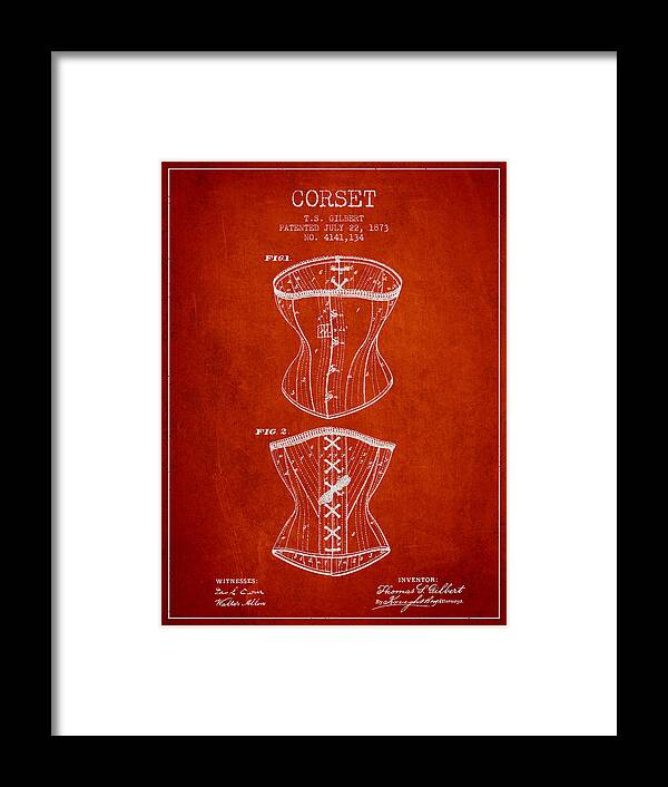Corset Framed Print featuring the digital art Corset patent from 1873 - Red by Aged Pixel