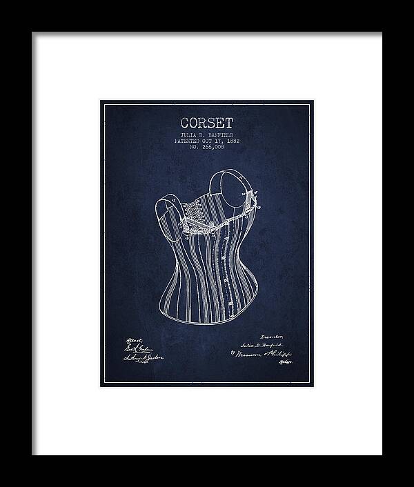 Corset Framed Print featuring the digital art Corset patent from 1882 - Navy Blue by Aged Pixel